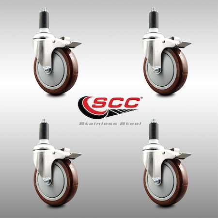 Service Caster 5 Inch 316SS Maroon Poly Swivel 1-3/8 Inch Expanding Stem Caster Set Lock Brake SCC-SS316TTLEX20S514-PPUB-MRN-138-4